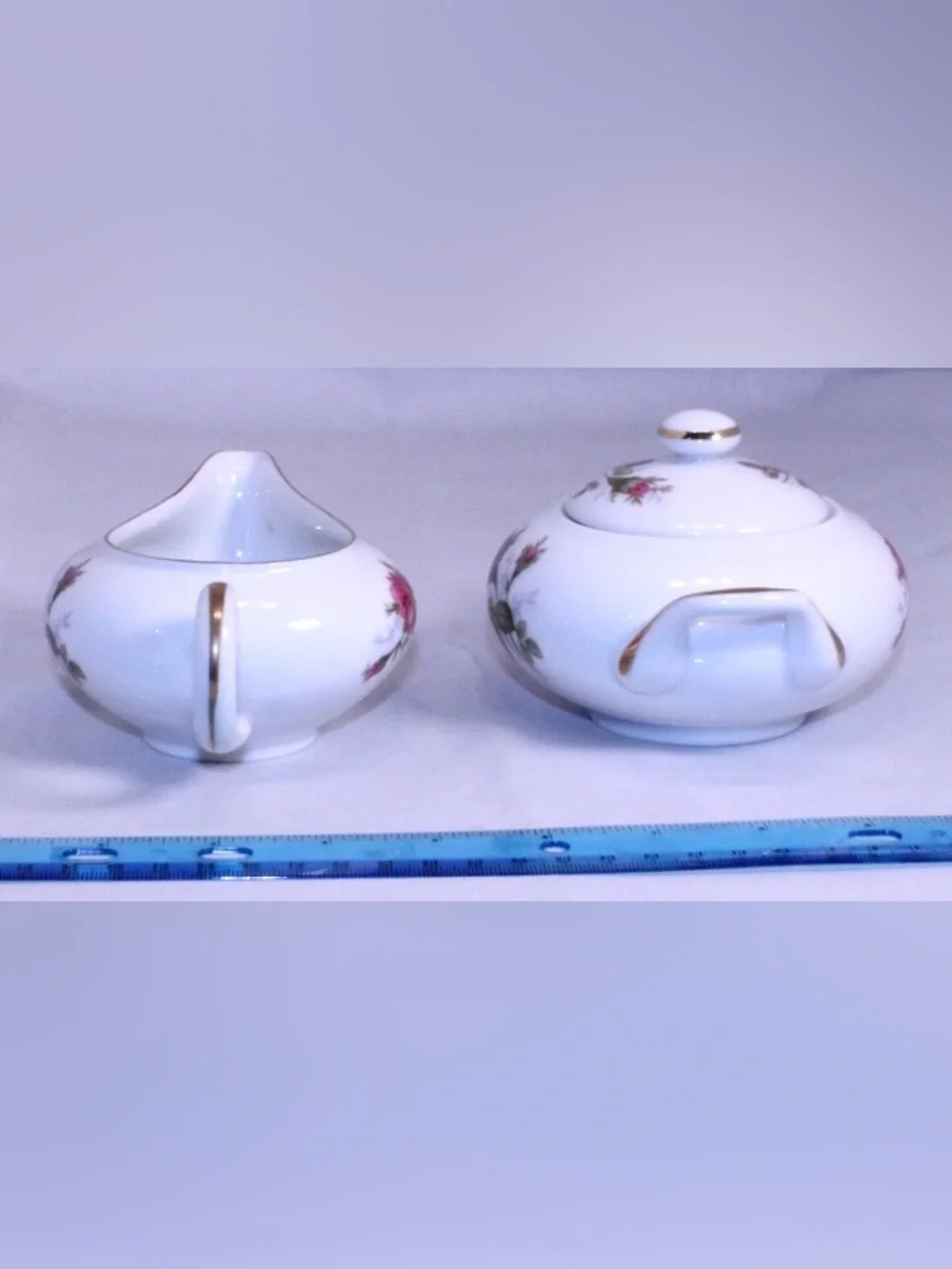 Vintage Sango Japan Moss Rose Porcelain Creamer and Lidded Sugar Set - Gold Trim